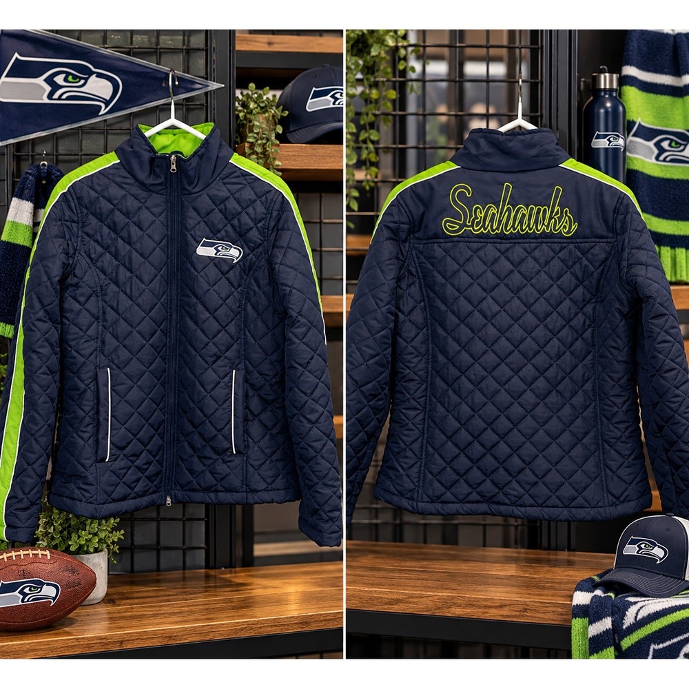 NFL Team Apparel Seattle Seahawks Women Quilted Jacket Navy Blue Green Large